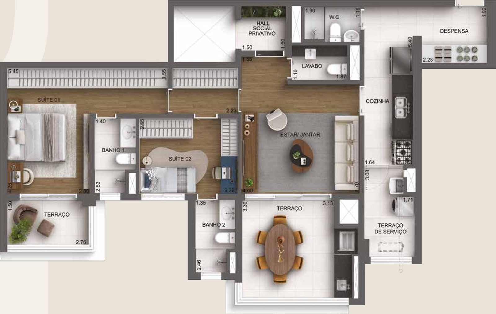Planta 114 m² 2 suítes