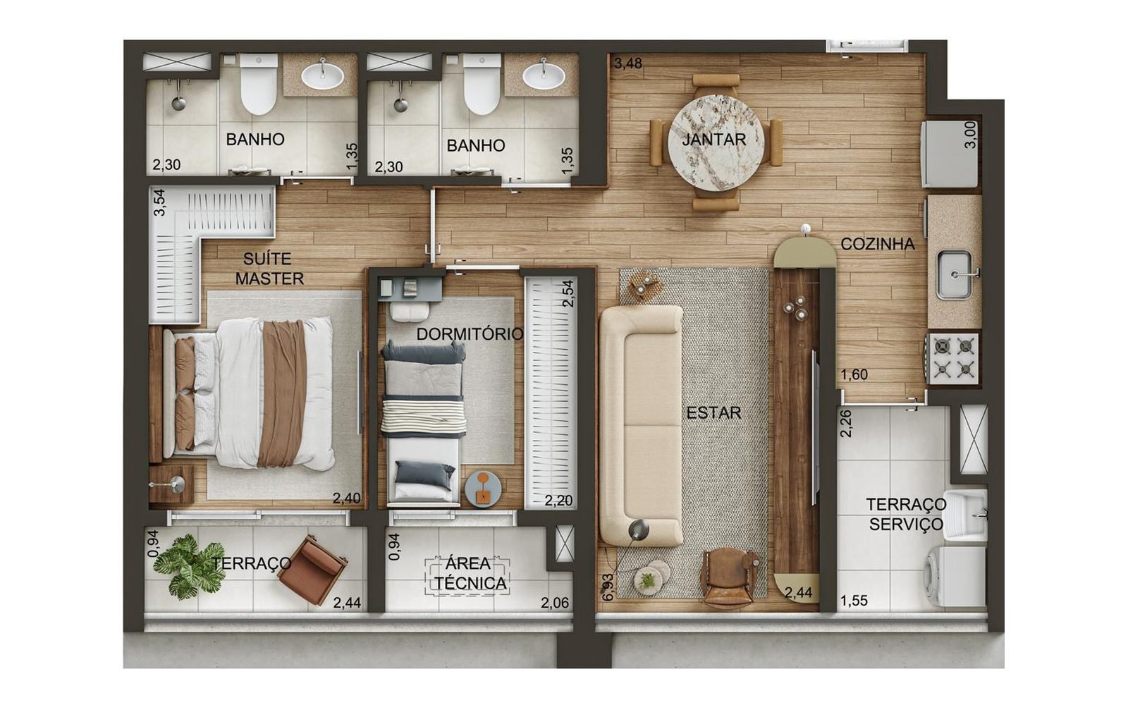 Planta 59 m² 2 dorms.