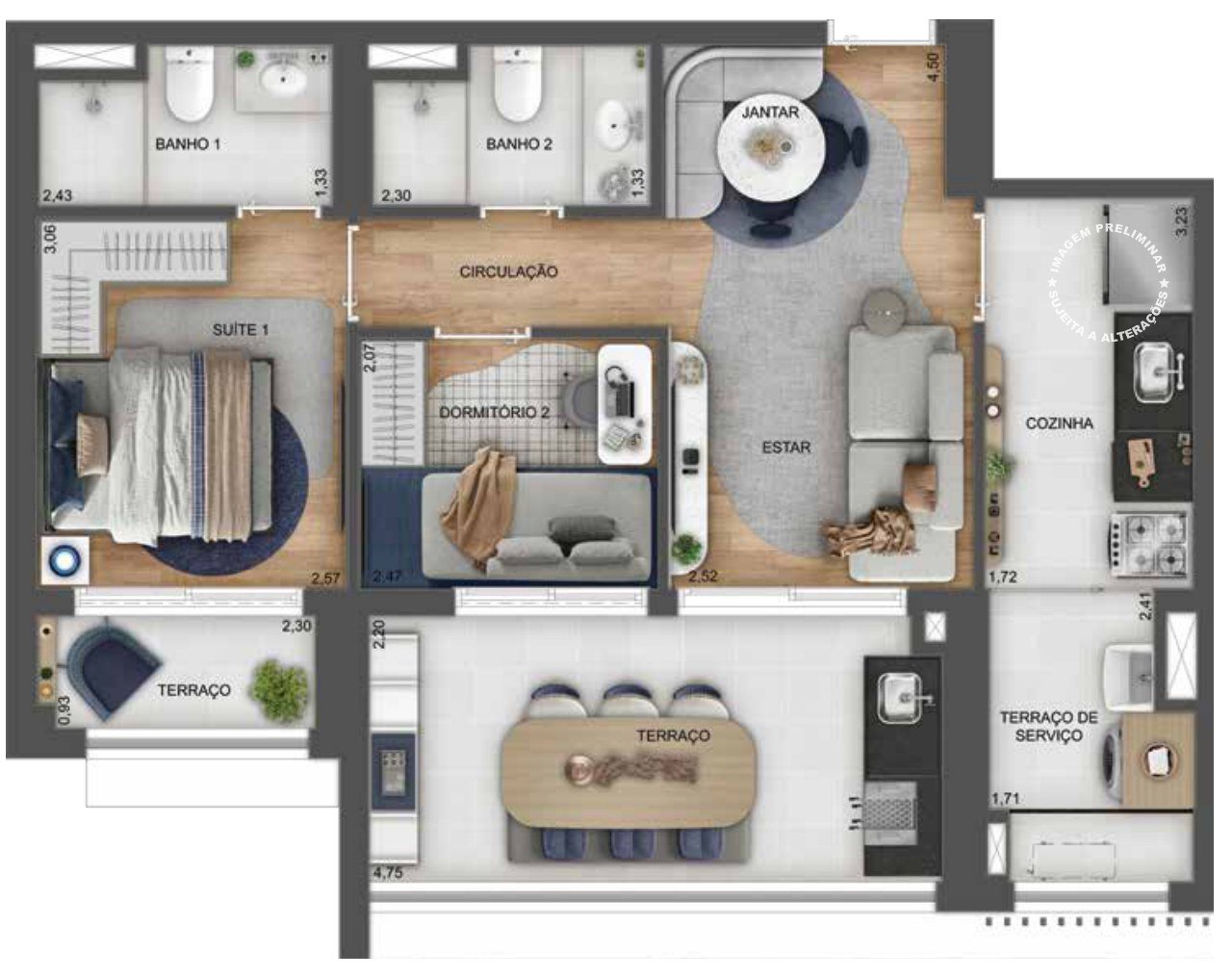 Planta 69 m² 2 dorms.
