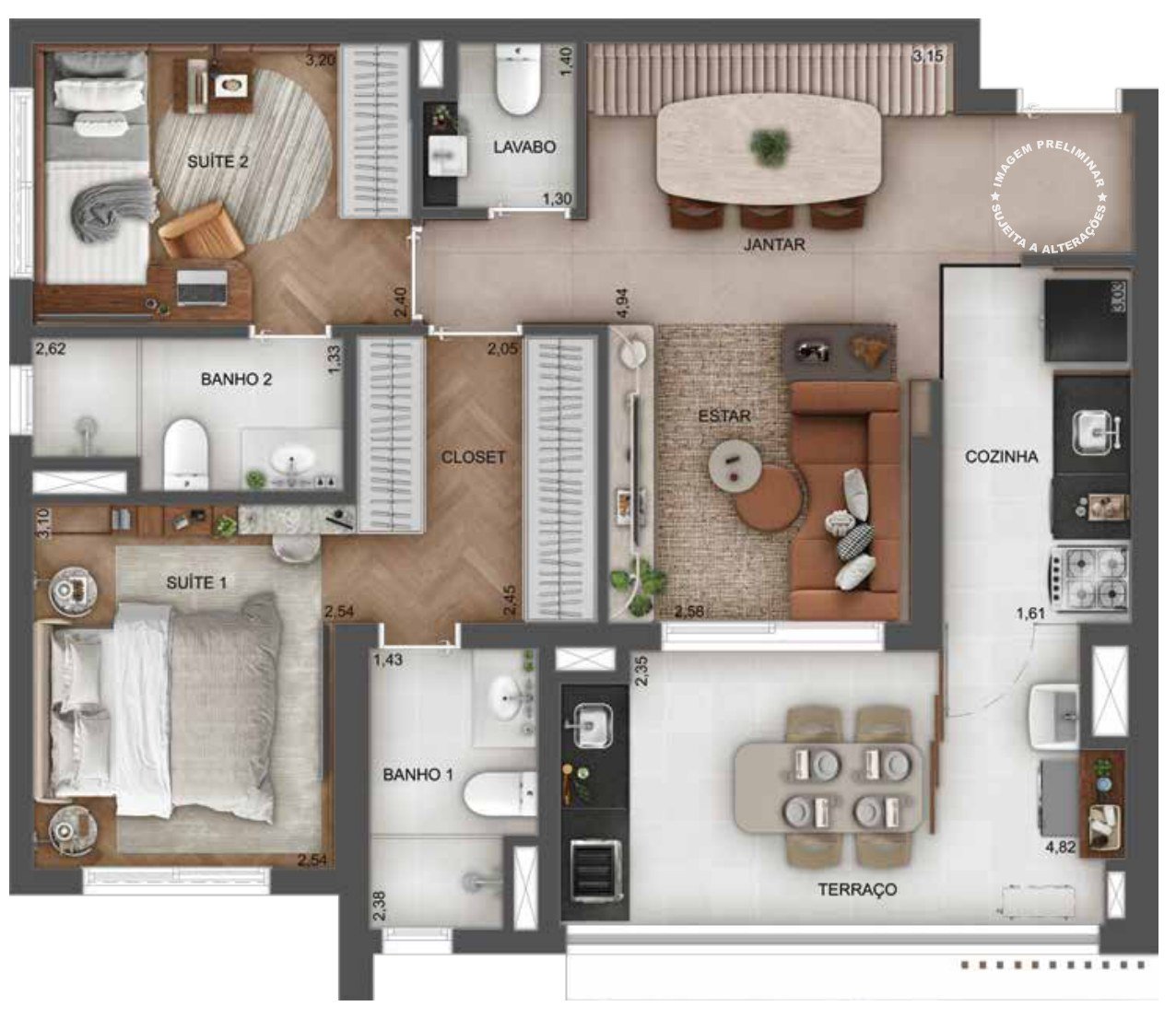 Planta 75 m² 2 suítes